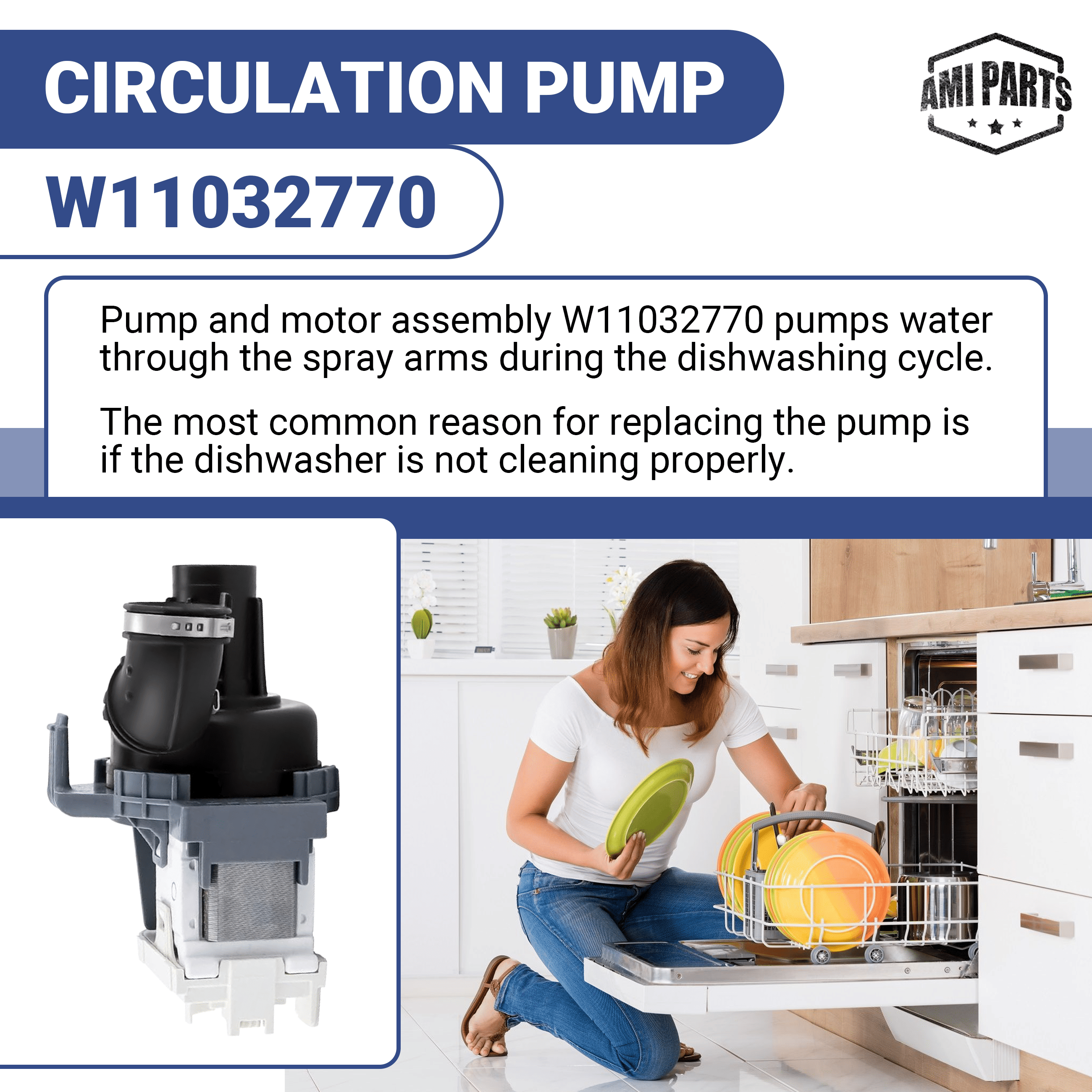 AMI PARTS® W10529163 W11032770 Circulation Pump Motor Assembly Perfect